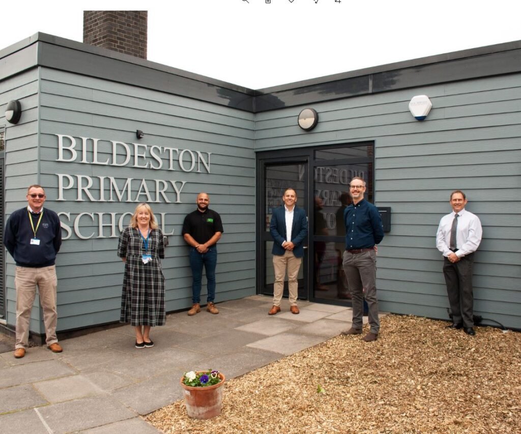 New Bildeston Primary School Barry Taylor of Vertas, headteacher Lynne Golding, Scott Battiste of SEH French, Jason Walton of Concertus and Bob Page of SEH French